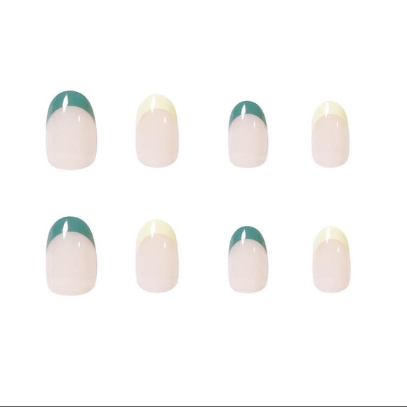 Short Green and Yellow French Tip Almond Press On Nails| Almond shape press on - Picture 2 of 2